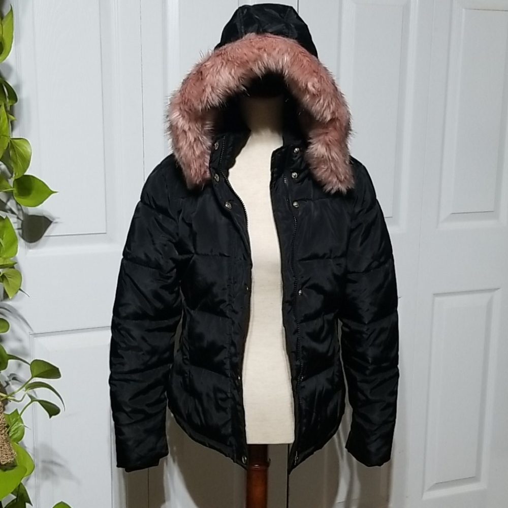 Black and Pink Hooded Puffer Coat